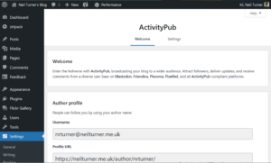 A screenshot of the settings page for the ActivityPub plugin for WordPress