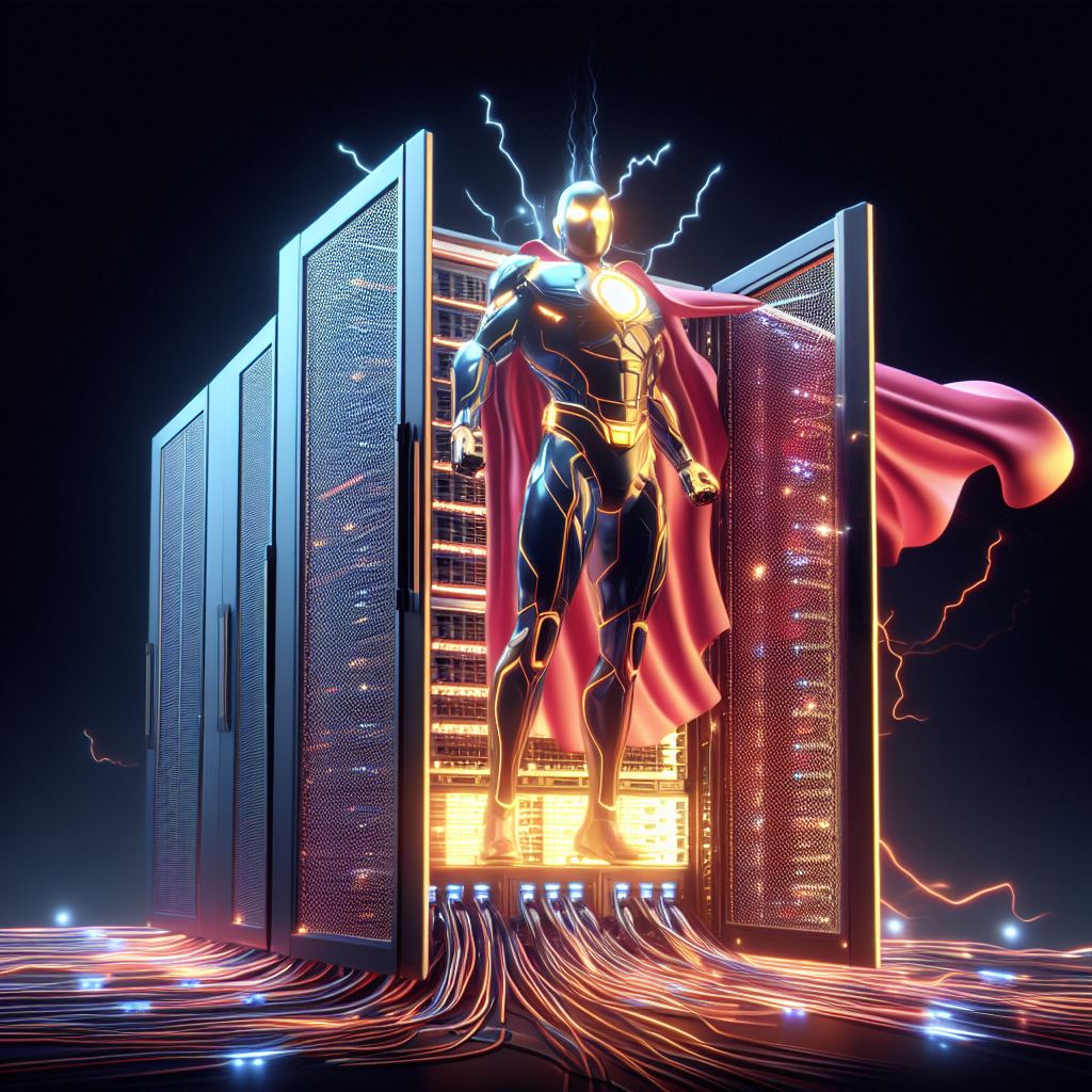 An AI generated image of a superhero emerging from a server cabinet, generated using Microsoft's Bing AI Image Creator