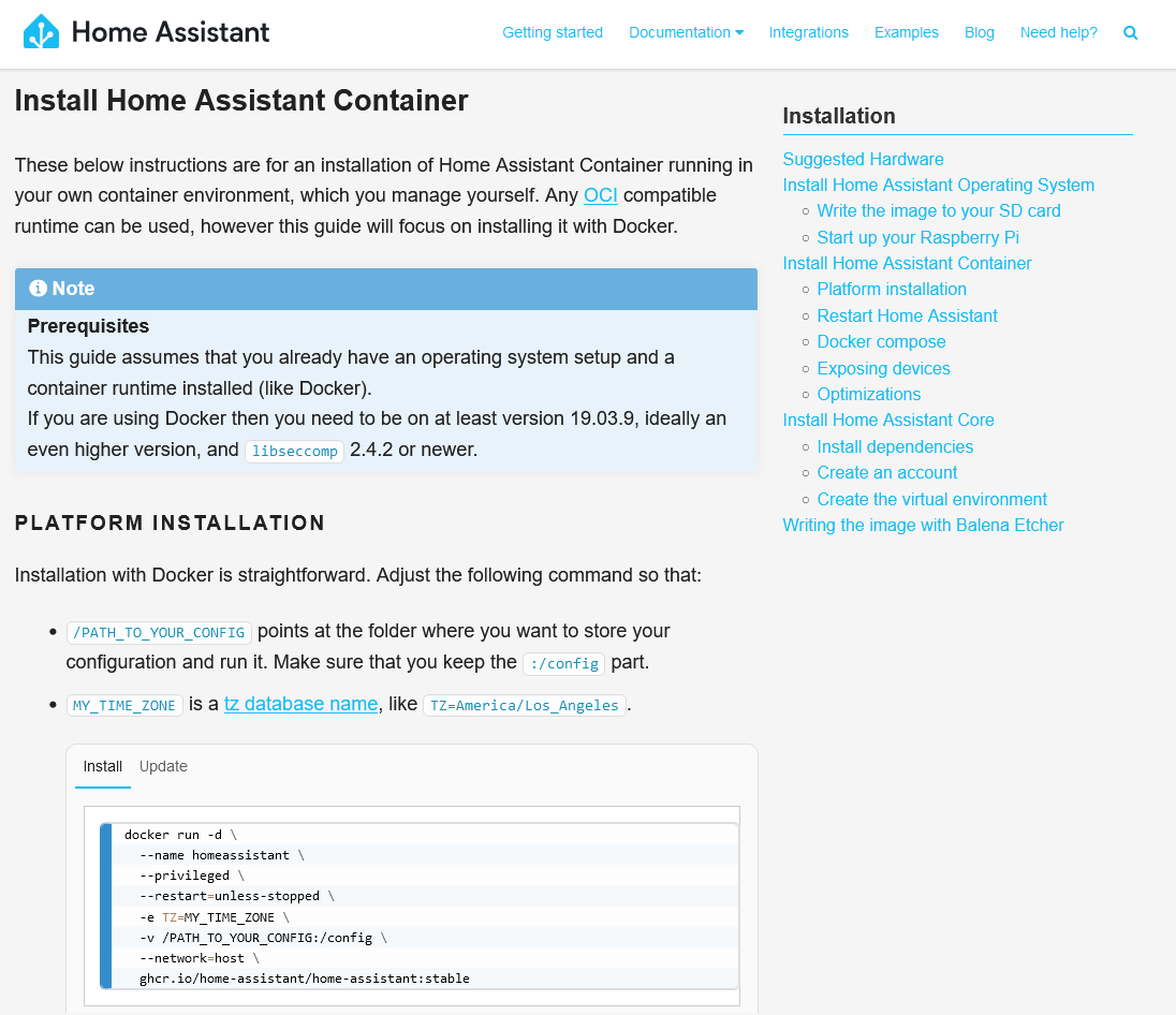 A screenshot of the Home Assistant installation instructions for Docker
