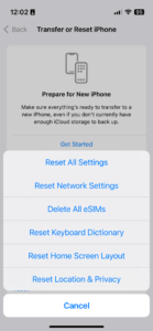 A screenshot showing how to reset settings on iOS 16