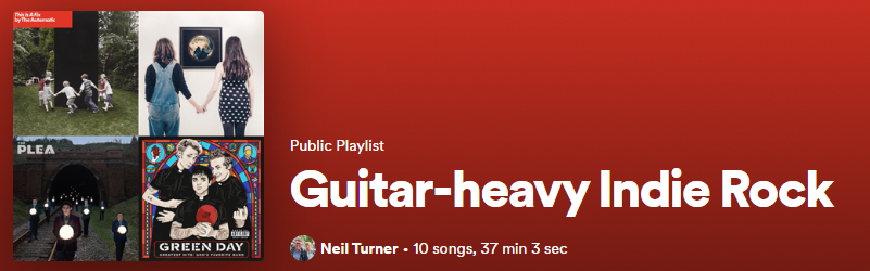 Screenshot of the guitar heavy indie rock playlist on Spotify