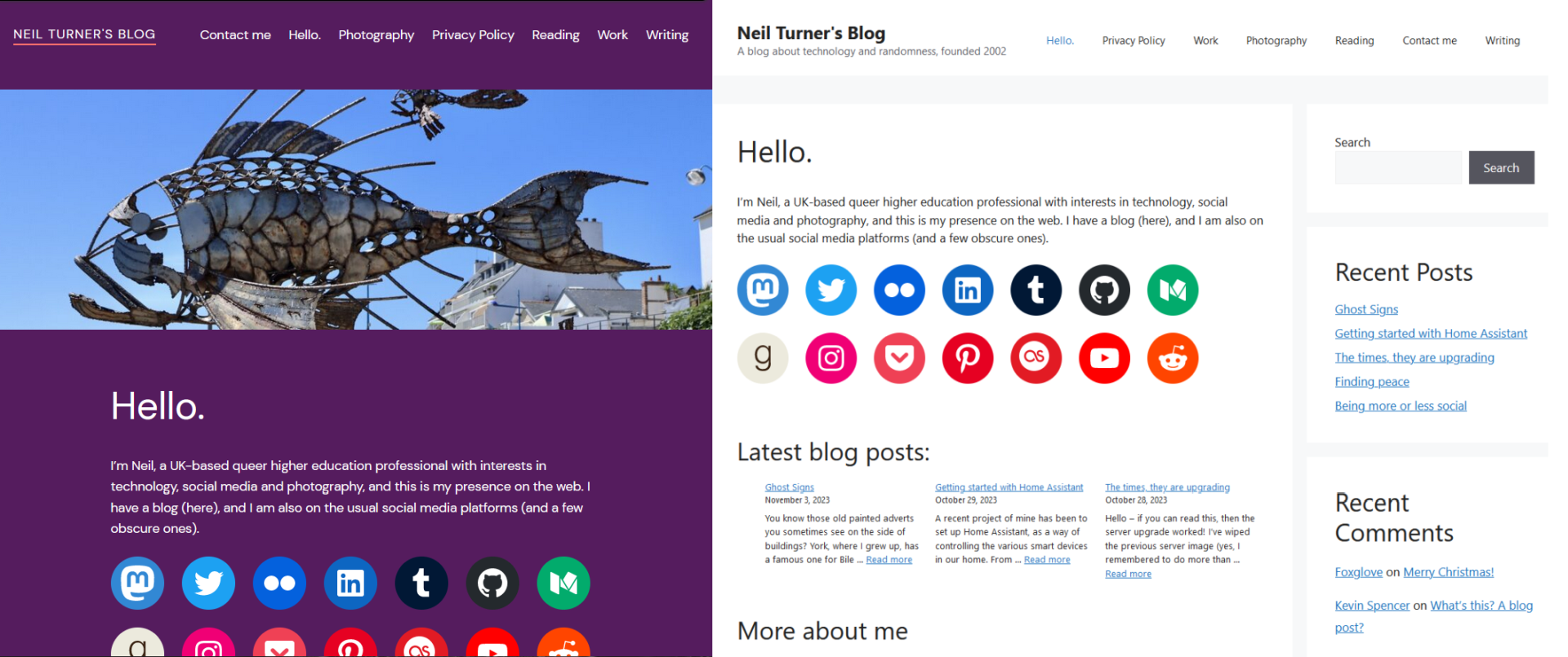 Screenshots of the old and new themes for the blog, side by side