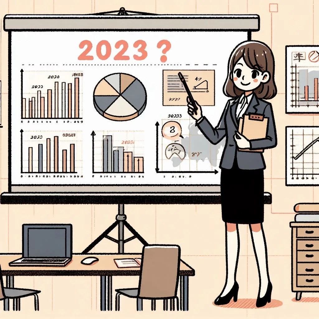 An AI generated image of a business woman standing in front of a series of charts with '2023' at the top