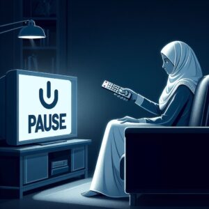 An AI generated illustration of a muslim woman pointing a remote at a TV which says 'pause'