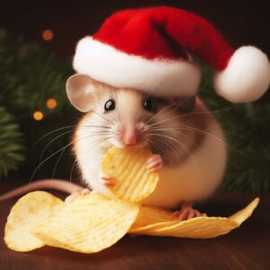 An AI-generated image of a mouse eating a crisp and eating a Santa hat