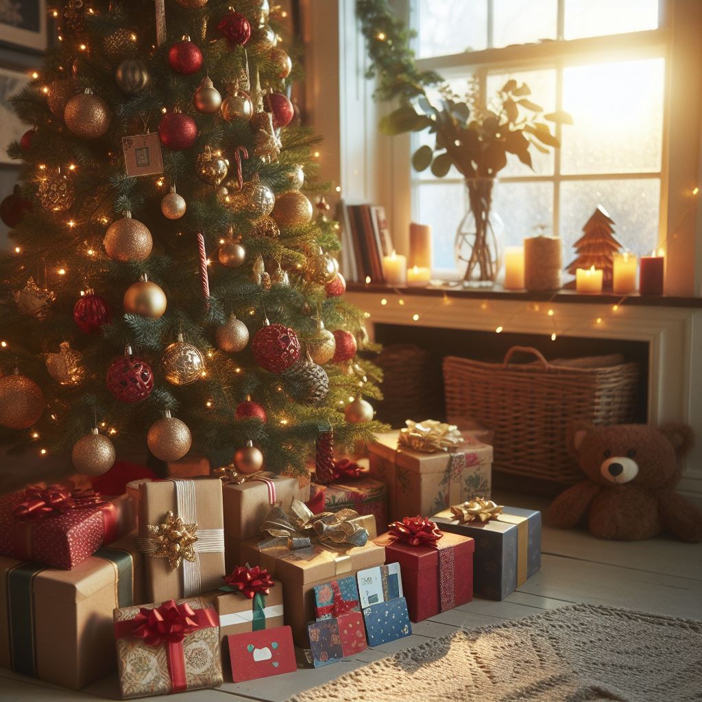 An AI generated image of a Christmas tree with lots of presents and gift cards underneath it by a window.