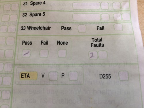 A photo of part of my driving test report, showing just two minor errors