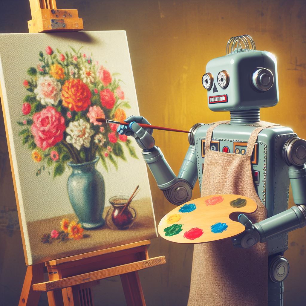 An example of AI art - a generated image of a robot painting a picture of some flowers on an easel