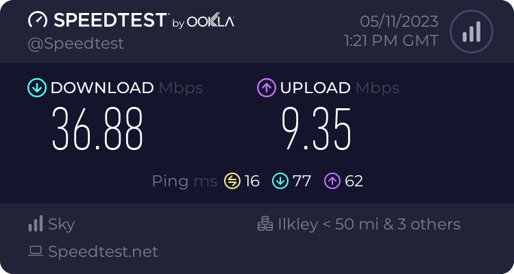 Speedtest.neet results from the 5th November 2023, showing 36.88 Mbps download and 9.35 Mbps upload on our old ISP, Now Broadband