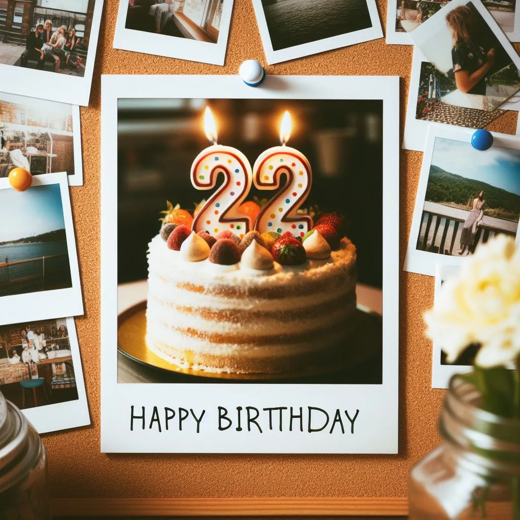 An AI generated image of a birthday cake with two candles on it showing 22
