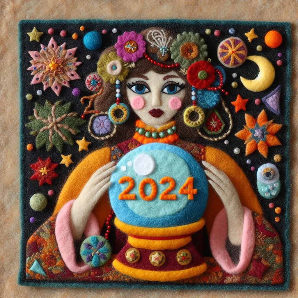 An AI-generated image of some felt art of a fortune teller with a crystal ball that says 2024 on it