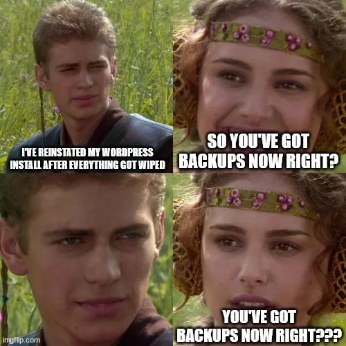 A meme featuring Anakin and Padme from the Star Wars films. Anakin is saying 'I've reinstated my WordPress install after everything got wiped' and Padme says 'so you've got backups now right?'