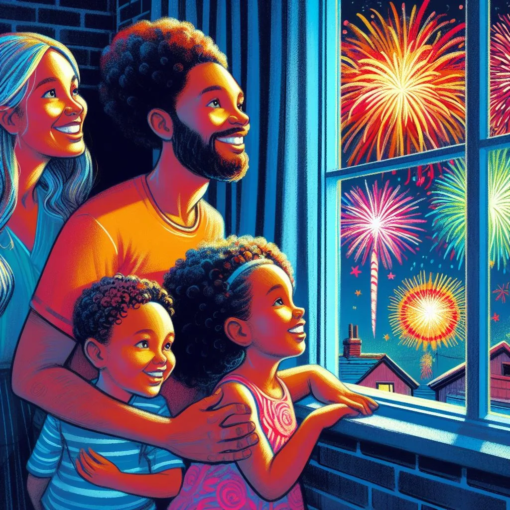 An AI-generated illustration of a family watching new year's eve fireworks
