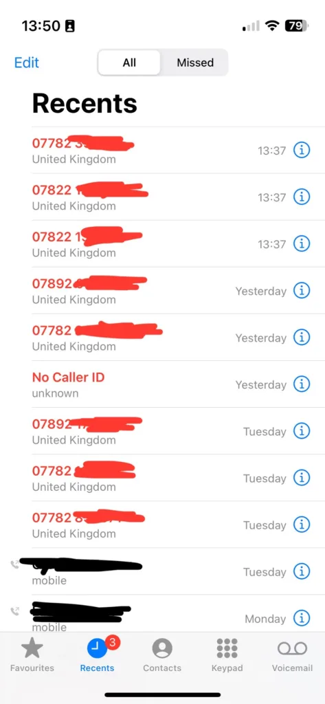 My recent calls list, showing lots of missed calls from numbers not in my contacts