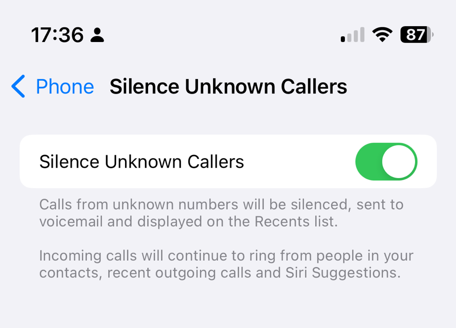 Screenshot of the iOS option to silence unknown callers