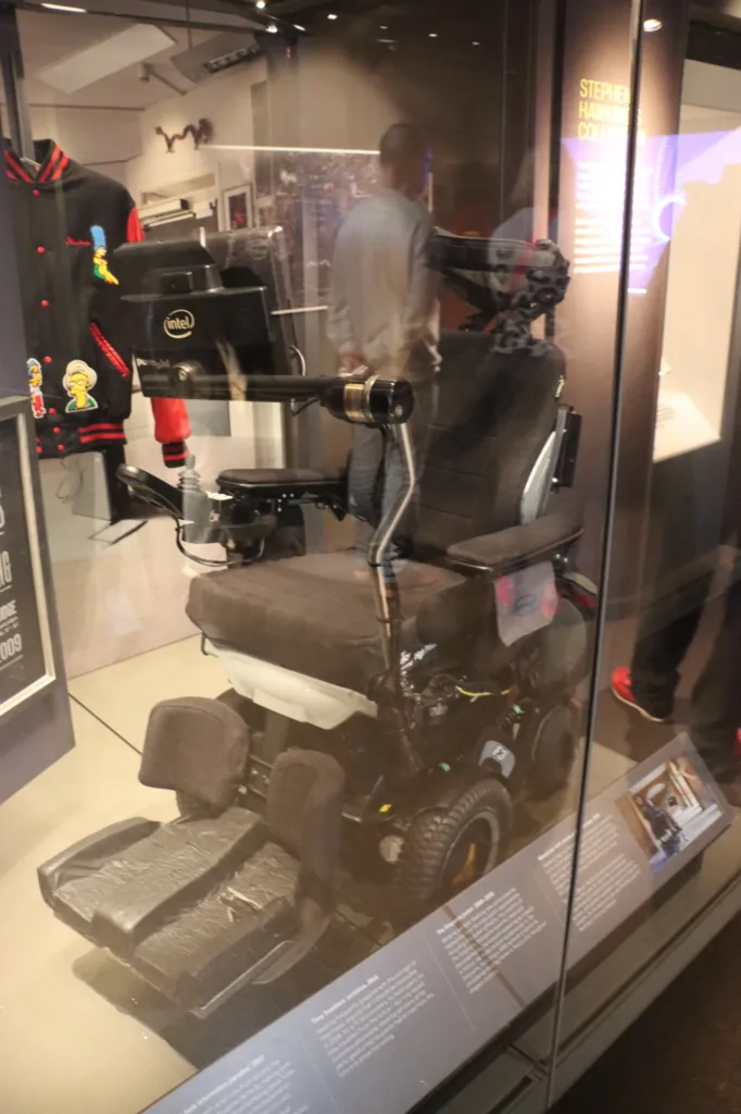 A photo of Stephen Hawking's wheelchair, currently on display at the Science and Industry Museum in Manchester