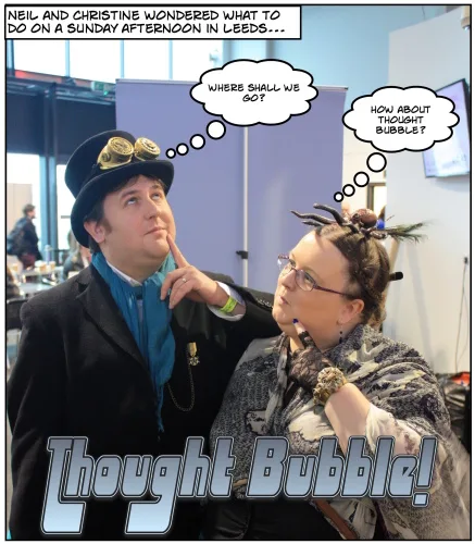 Photo of Neil and Christine pondering a trip to Thought Bubble, annotated in the comic book style