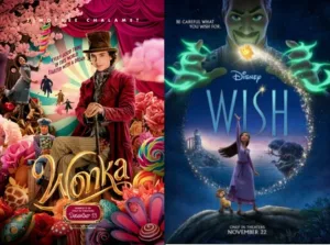 Posters for the films 'Wonka' and 'Wish'