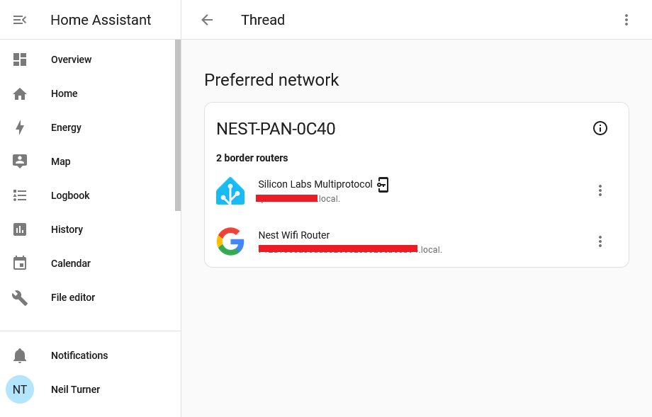 A screenshot of Home Assistant's Thread Integration showing two Open Thread Border Routers on the same network