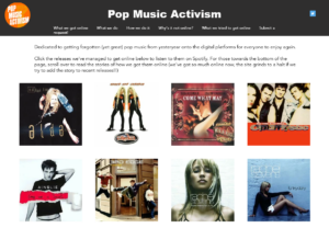 Screenshot of the Pop Music Activism web site