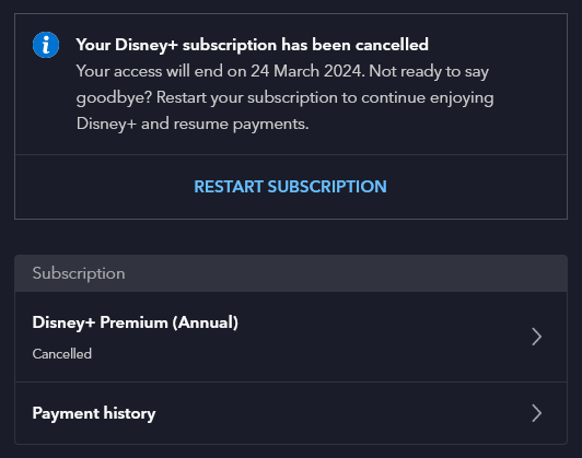 A screenshot of our Disney + account setting showing it cancelled.