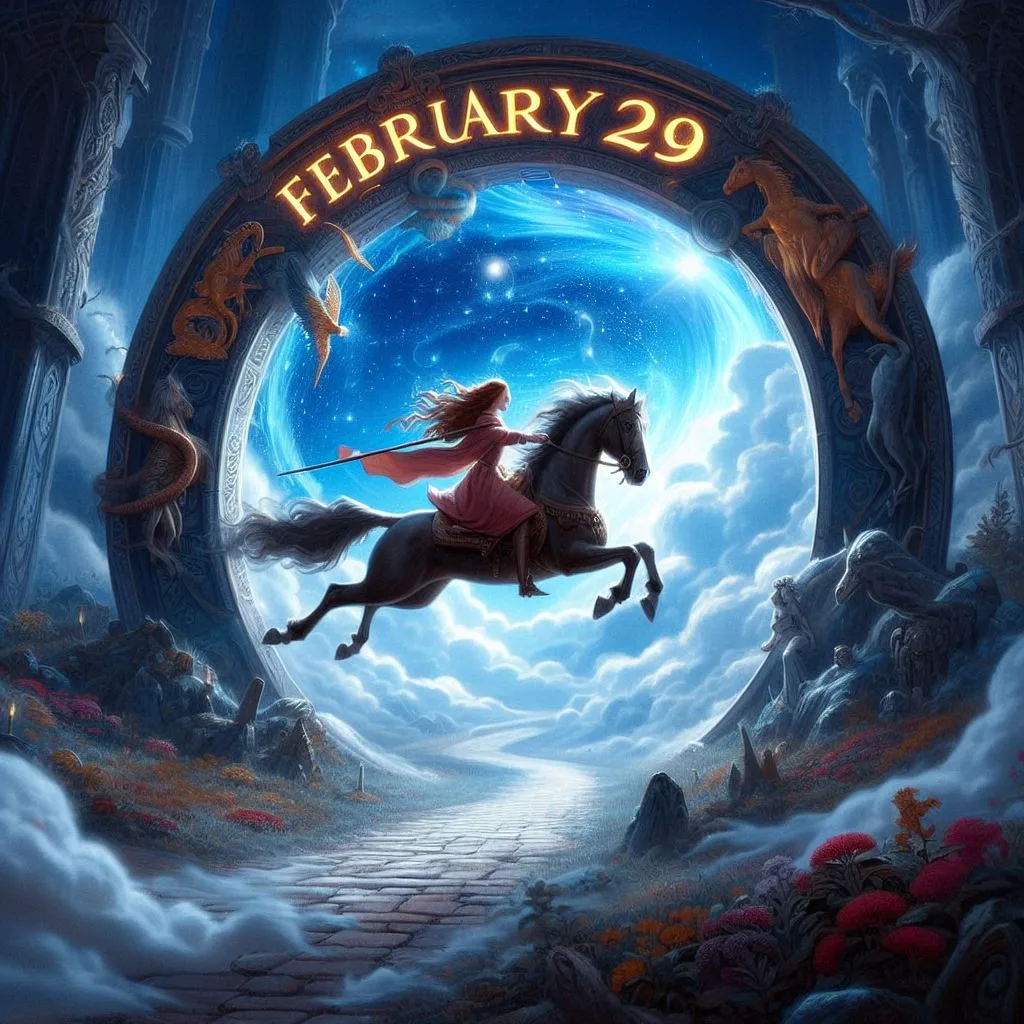 An AI-generated image of a woman on a horse leaping through a portal that says 'February 29'