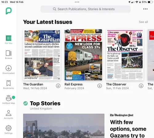 A screenshot of the PressReader app on an iPad. It's an alternative to Readly.