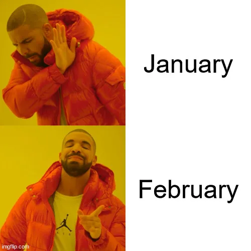 The Drake Hotline Bling meme where Drake is showing his hand to January but happy with February.