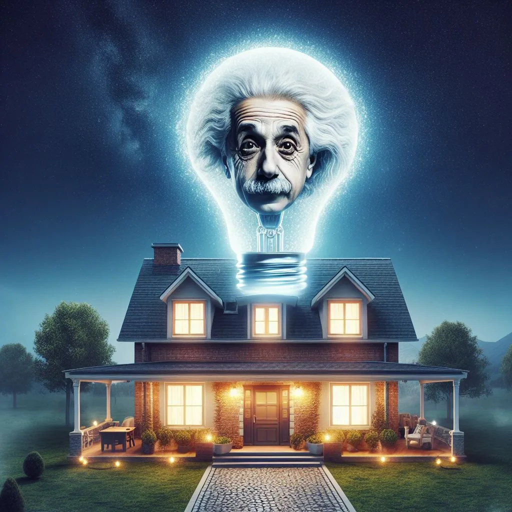 An AI generated image of a house, with a giant light bulb floating above it that has a depiction of Albert Einstein