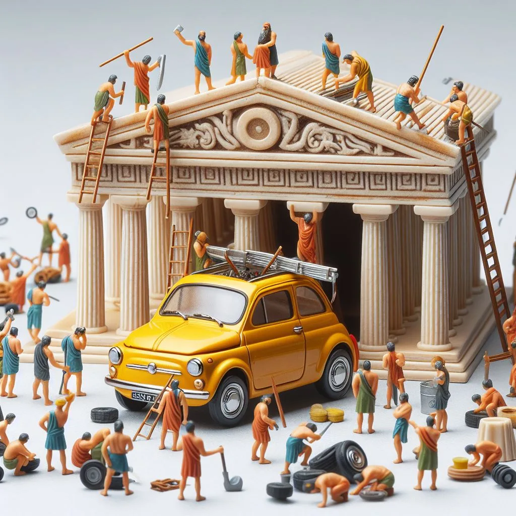 An AI generated image of a car being worked on by models of ancient Greek workers outside a Greek temple.