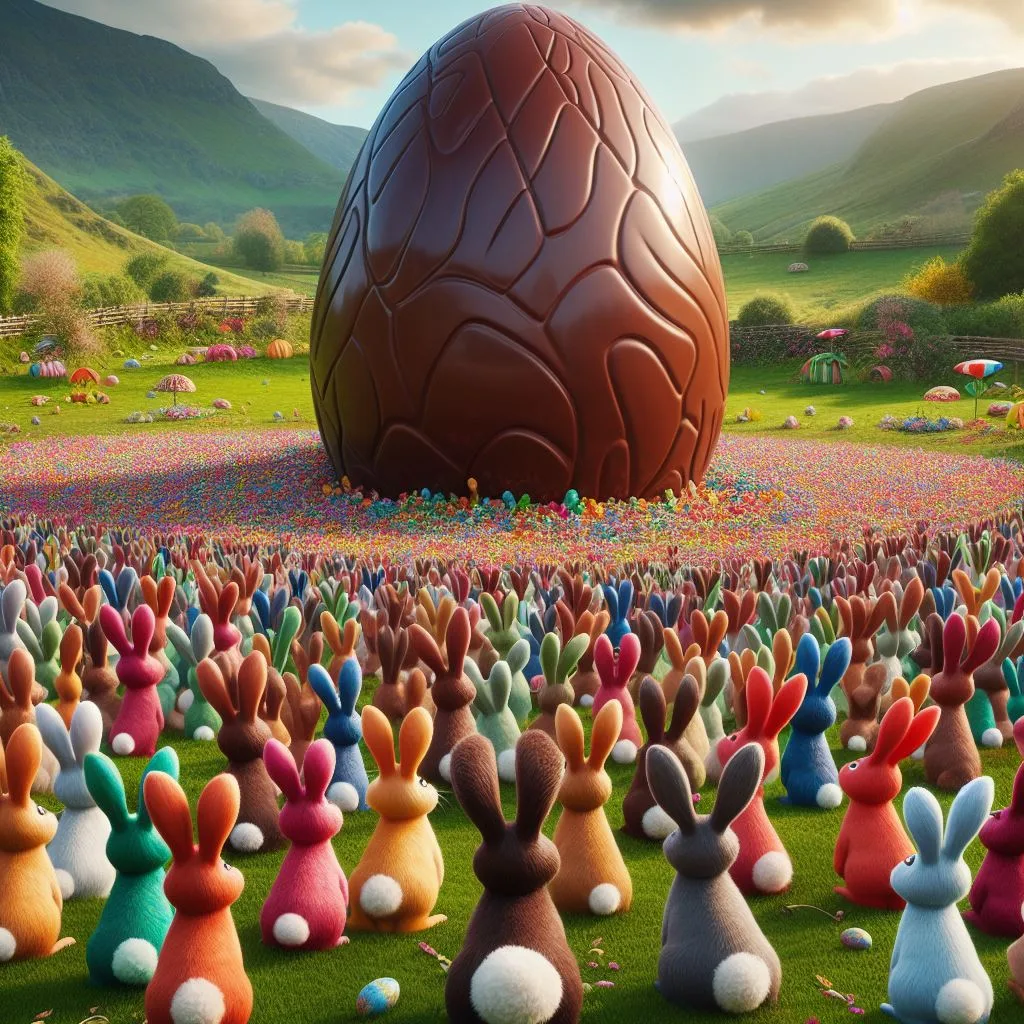An AI generated image of a giant chocolate easter egg surrounded by multicoloured rabbits