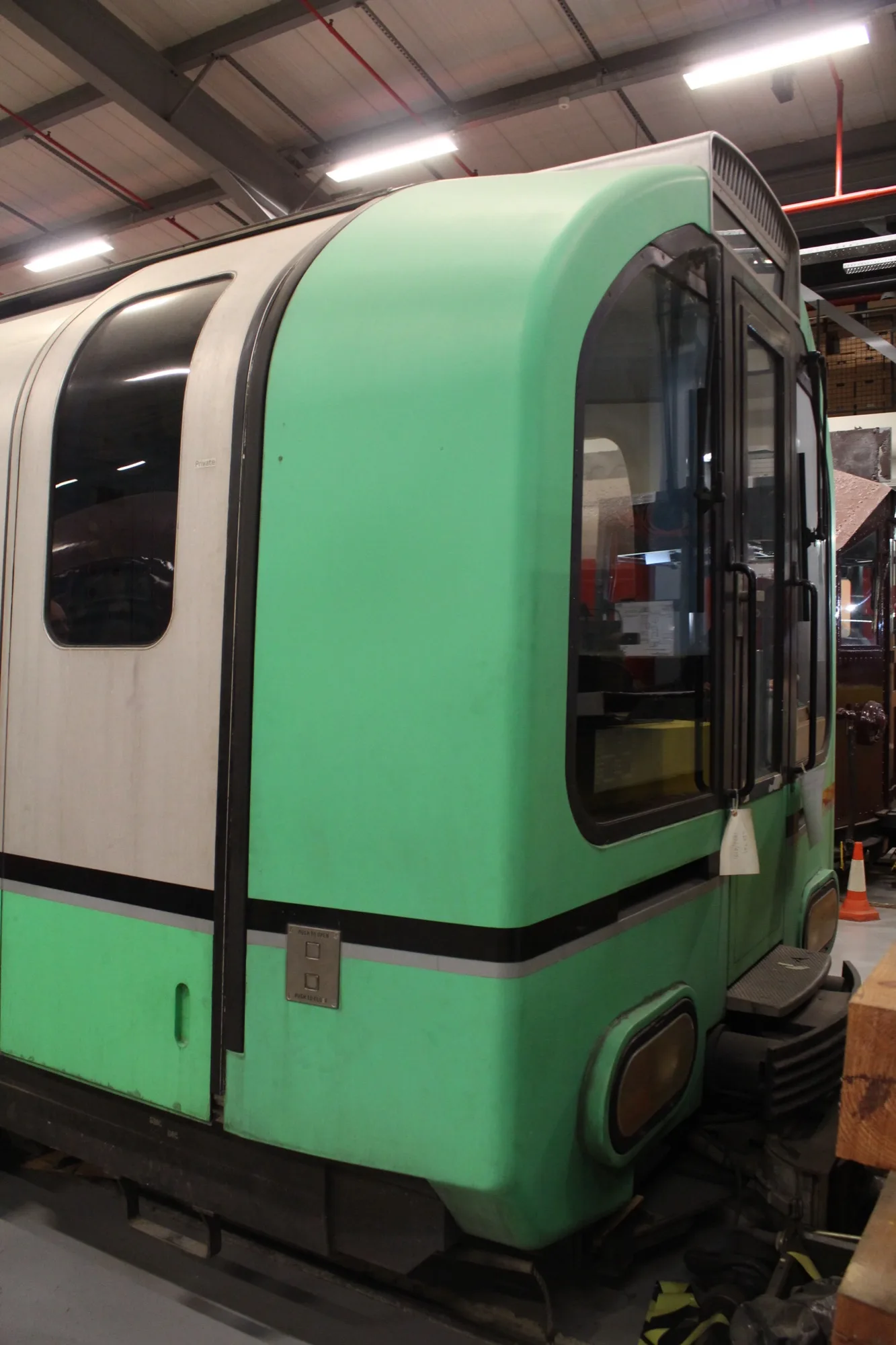 A photo of a prototype train for the Central Line, now on display at the London Transport Museum Depot in Acton