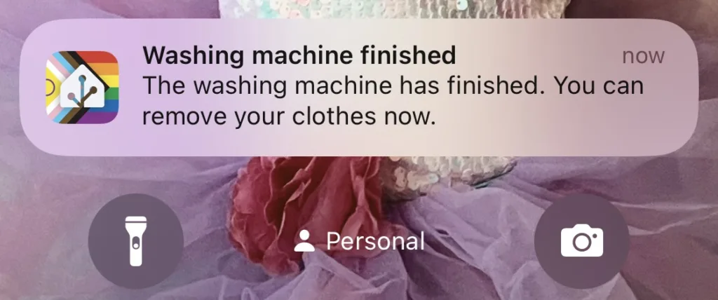 A screenshot of a notification from Home Assistant stating that the washing machine has finished, triggered by the energy monitoring smart plugs