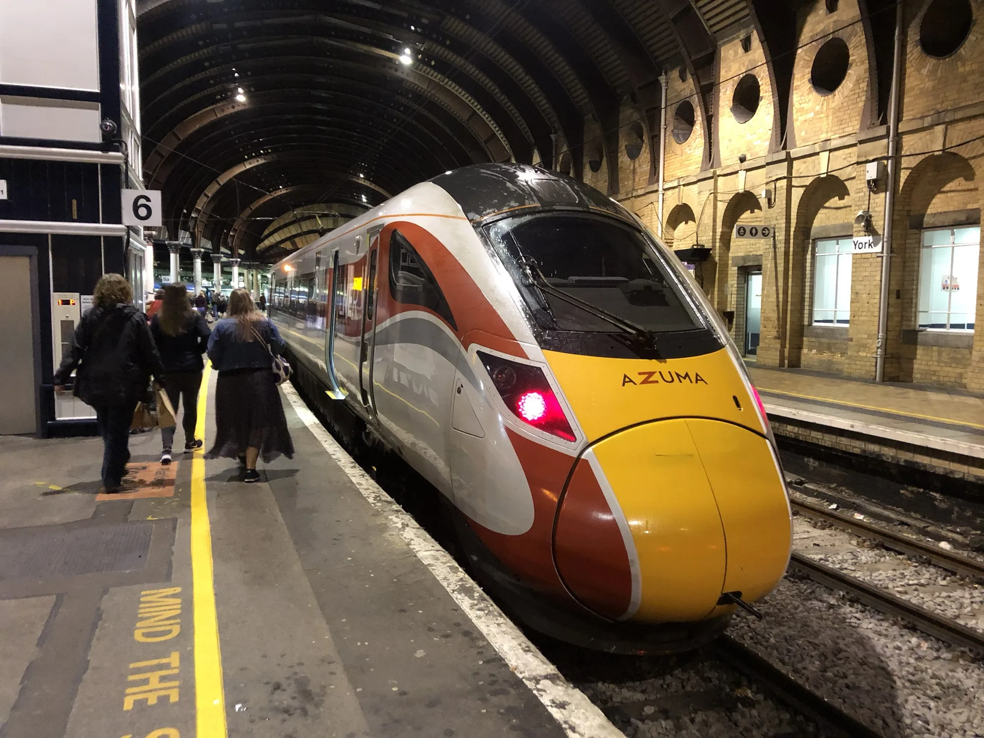 An LNER Azuma train at York station, due to depart to London King's Cross station