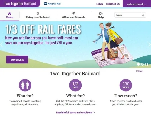 A screenshot of the Two Together Railcard web site
