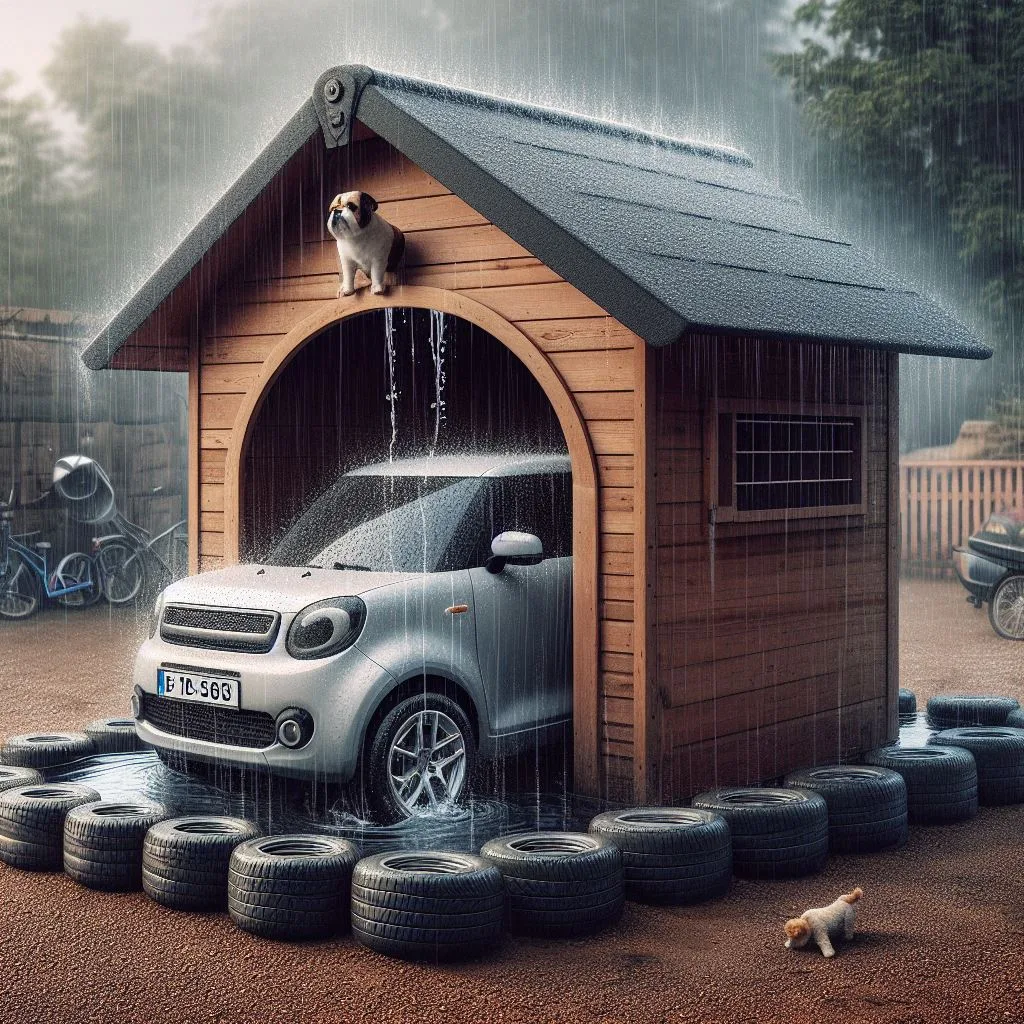 An AI-generated image using DALL-E 3 of a small car in a dog kennel in the rain