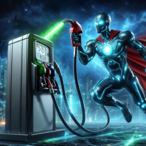 An AI-generated image of a superhero using a petrol pump with premium fuel.
