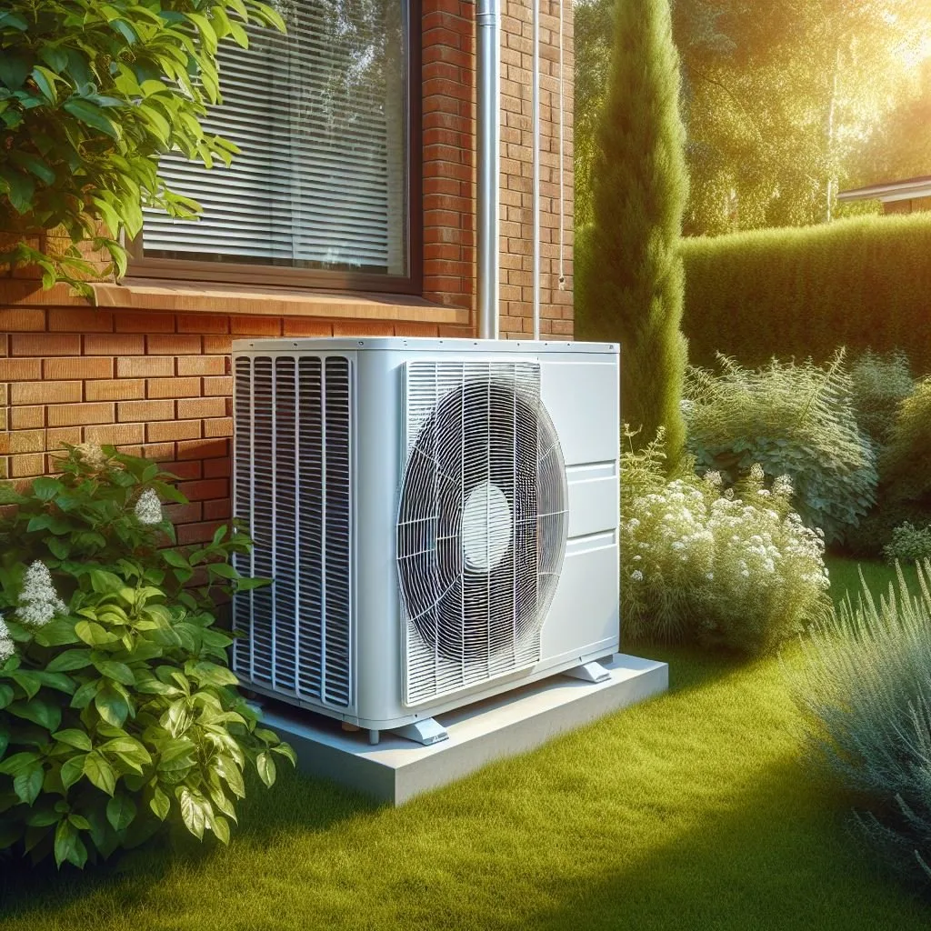 An AI generated image of a heat pump outside a house