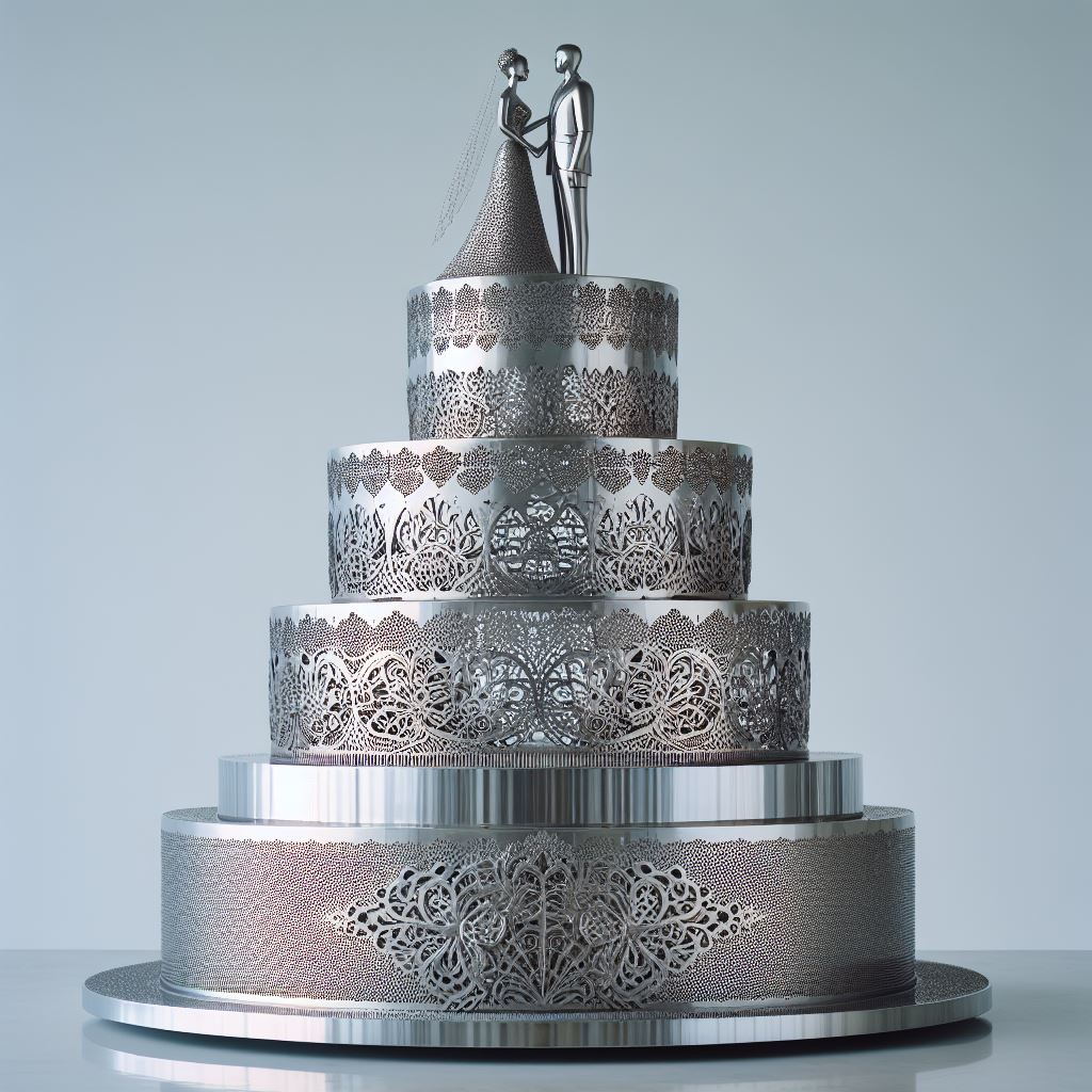 An AI-generated image of a four tier wedding cake made out of steel.