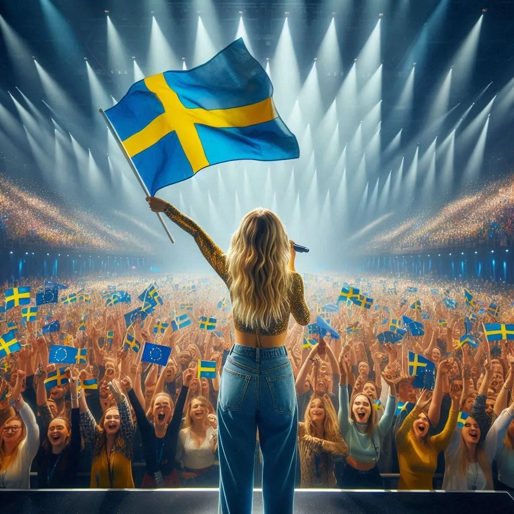 An AI-generated image of a performer at Eurovision waving a Swedish flag