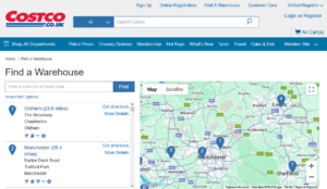 A screenshot of the Costco web site showing their store finder. There's a map with pins showing the location of their warehouses across northern England