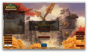 The login screen for World of Warcraft: Mists of Pandaria, showing a 15 minute waiting time to login