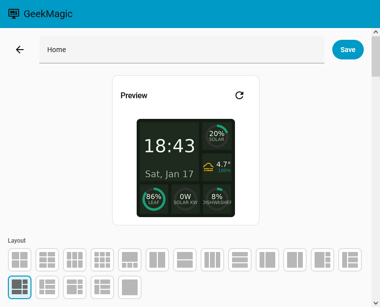 Screenshot of the GeekMagic SmallTV dashboard editor in Home Assistant