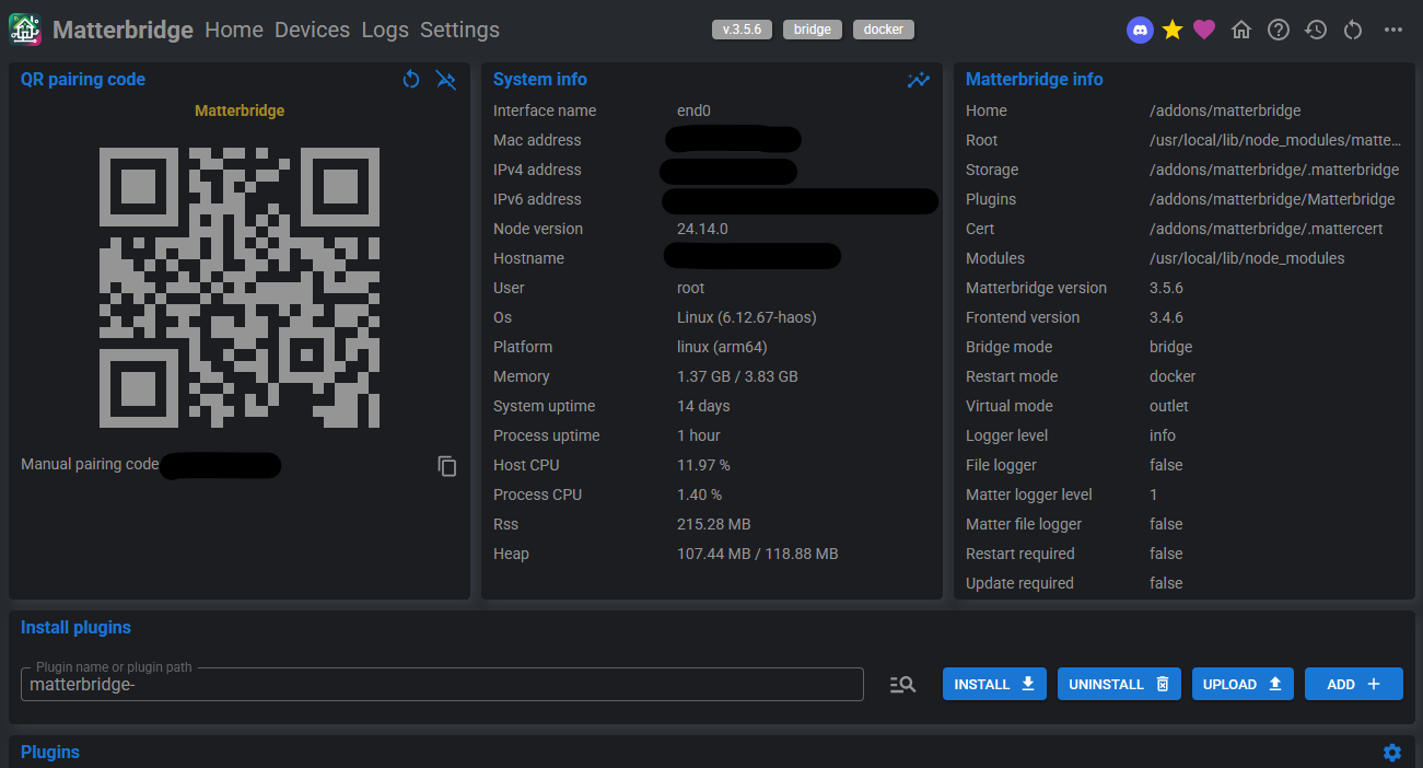 Screenshot of the Matterbridge main interface