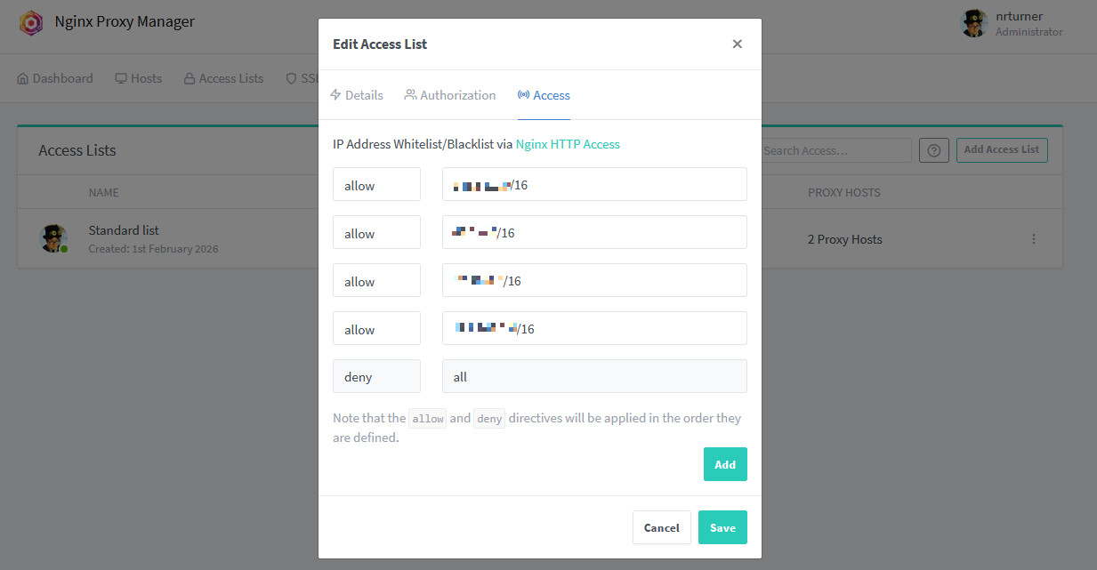 A screenshot of an access list in nginx Proxy Manager