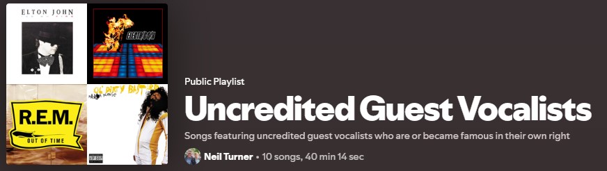 A screenshot of the Uncredited Guest Vocalists playlist