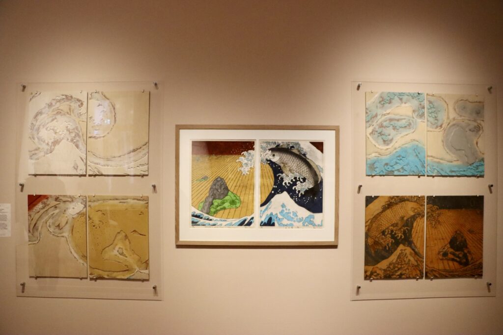 A modern print creating using Japanese Block Printing, with the blocks shown.