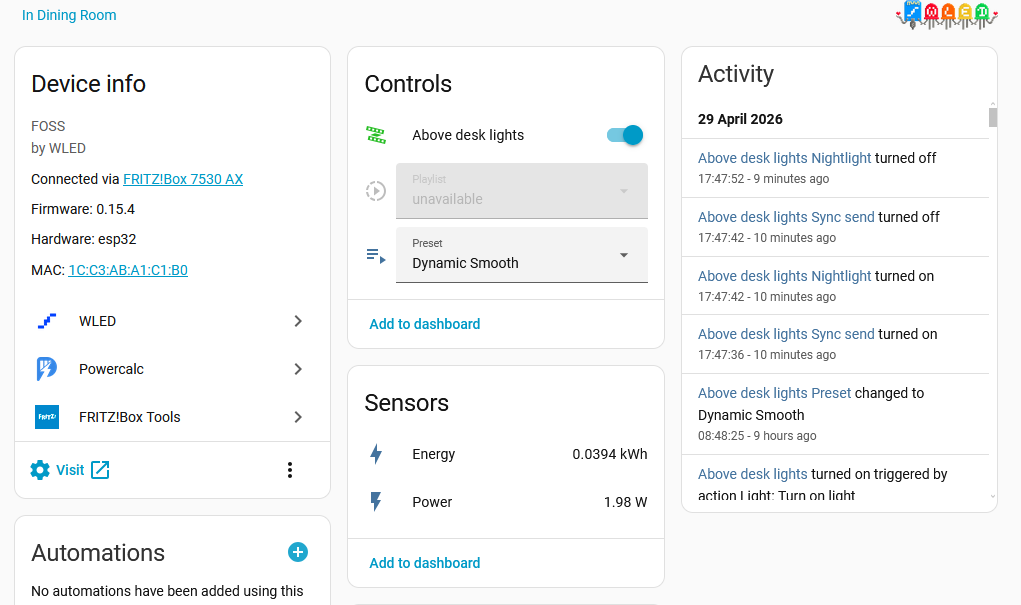 Screenshot of the WLED integration in Home Assistant