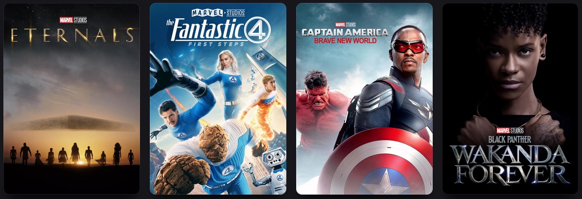 Screenshot of Disney+ showing several recent films from the Marvel Cinematic Universe