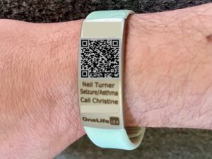 A photo of my OneLife ID emergency medical wristband